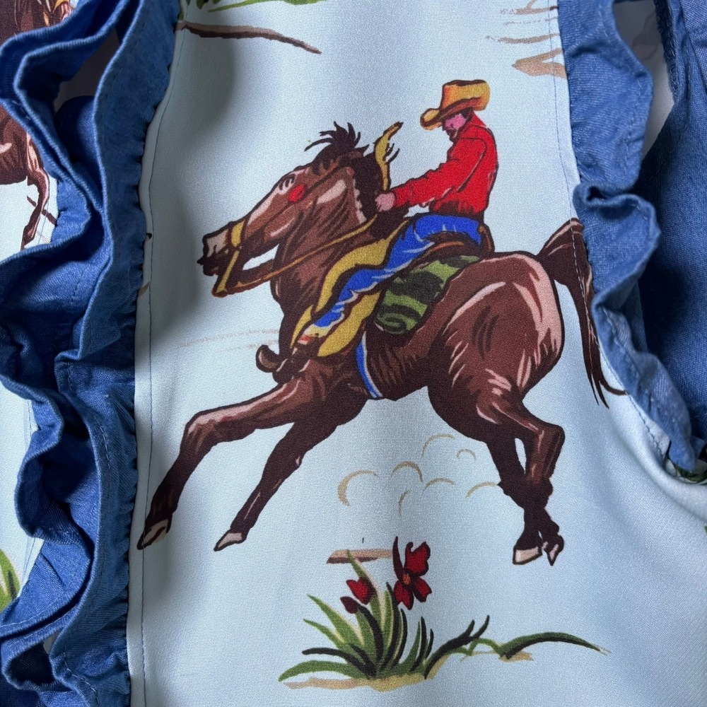 Vintage Cowboy Western Blouse Women Sz. XL Blue Ruffle Rodeo Horse Print - Picture 4 of 8